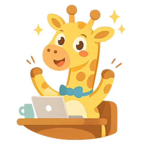 Happy giraffe mascot celebrating at a desk