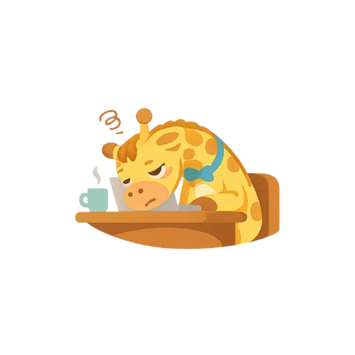 Tired giraffe mascot slumped over a desk