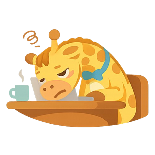 Tired giraffe mascot slumped over a desk